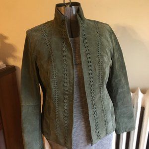 Women's Green Leather Boho Suede Jacket, Coldwater Creek Braided Leather Size PM
